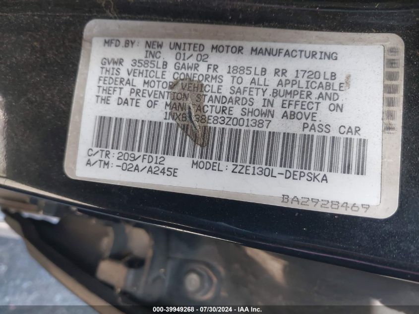 2003 Toyota Corolla S VIN: 1NXBR38E83Z001387 Lot: 39949268