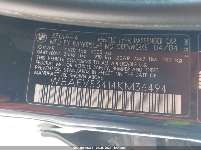 2004 BMW 330 I VIN: WBAEV53414KM36494 Lot: 39949278
