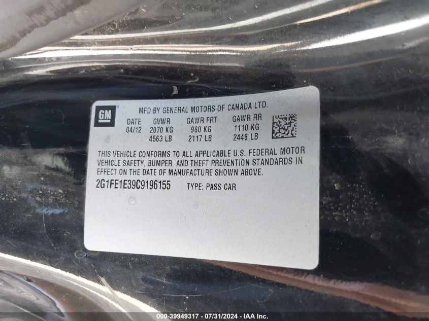 2012 Chevrolet Camaro 1Ls VIN: 2G1FE1E39C9196155 Lot: 39949317