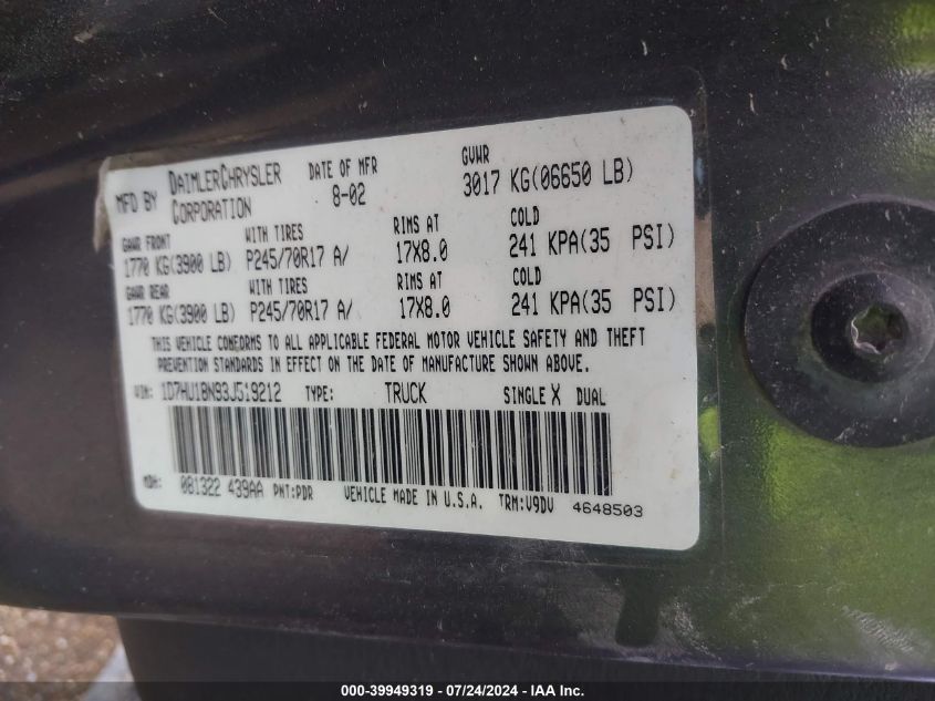 2003 Dodge Ram 1500 Slt/Laramie/St VIN: 1D7HU18N93J519212 Lot: 39949319