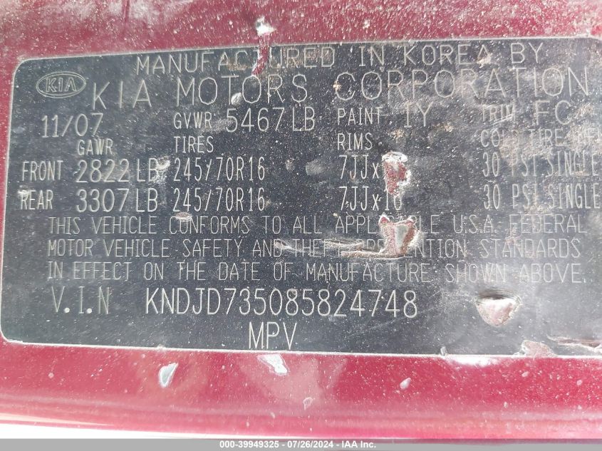 2008 Kia Sorento Lx VIN: KNDJD735085824748 Lot: 39949325