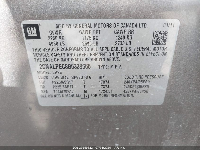 2011 Chevrolet Equinox 2Lt VIN: 2CNALPEC8B6339666 Lot: 39949333