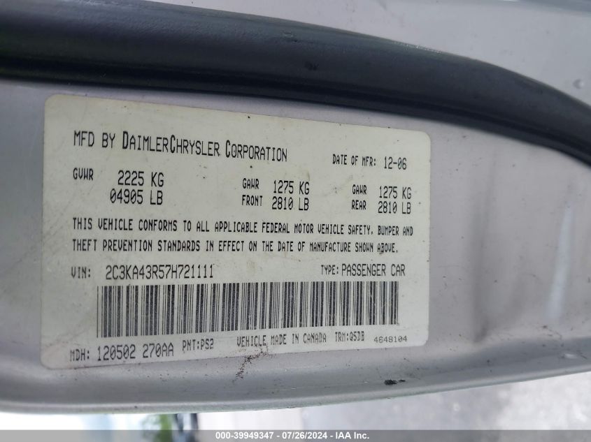 2007 Chrysler 300 VIN: 2C3KA43R57H721111 Lot: 39949347