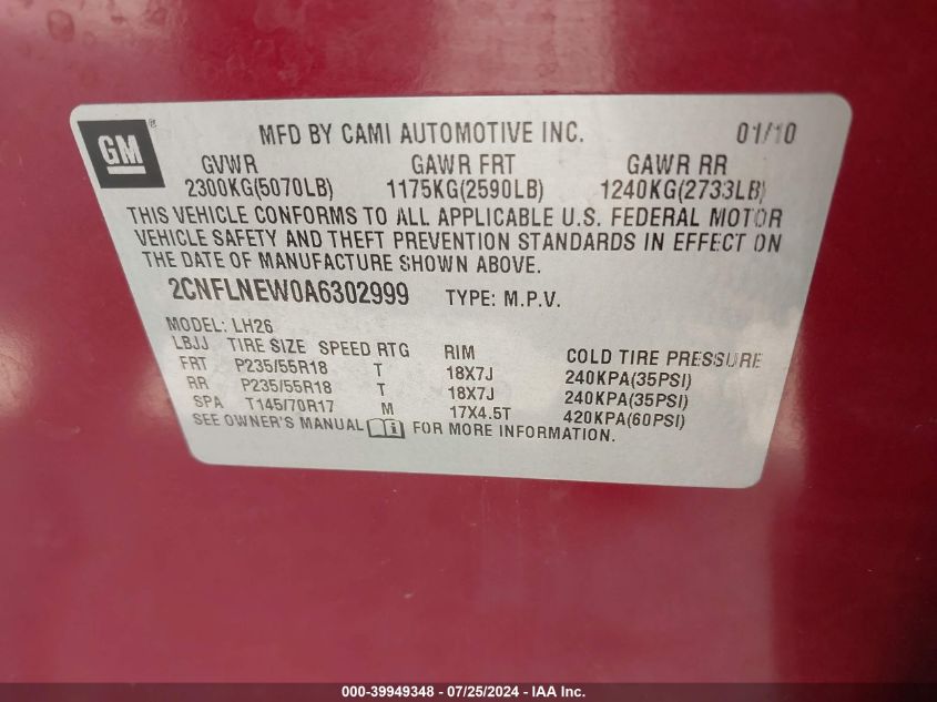 2010 Chevrolet Equinox Lt VIN: 2CNFLNEW0A6302999 Lot: 39949348