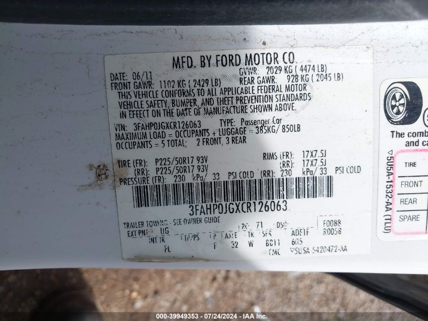 2012 Ford Fusion Sel VIN: 3FAHP0JGXCR126063 Lot: 39949353