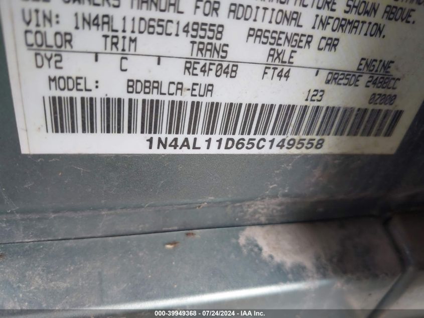 2005 Nissan Altima 2.5 S VIN: 1N4AL11D65C149558 Lot: 39949368