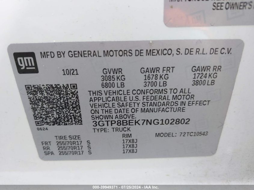 3GTP8BEK7NG102802 2022 GMC Sierra 1500 Limited 2Wd Short Box Sle