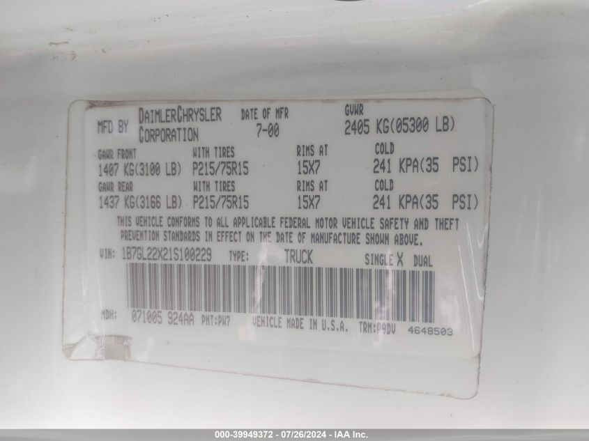 2001 Dodge Dakota Slt/Sport VIN: 1B7GL22X21S100229 Lot: 39949372