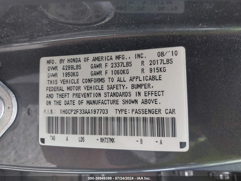 2010 Honda Accord 2.4 Lx VIN: 1HGCP2F33AA197703 Lot: 39949399