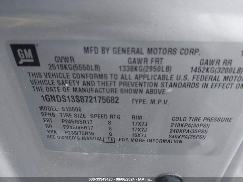 2007 Chevrolet Trailblazer Ls/Lt VIN: 1GNDS13S872175682 Lot: 39949420