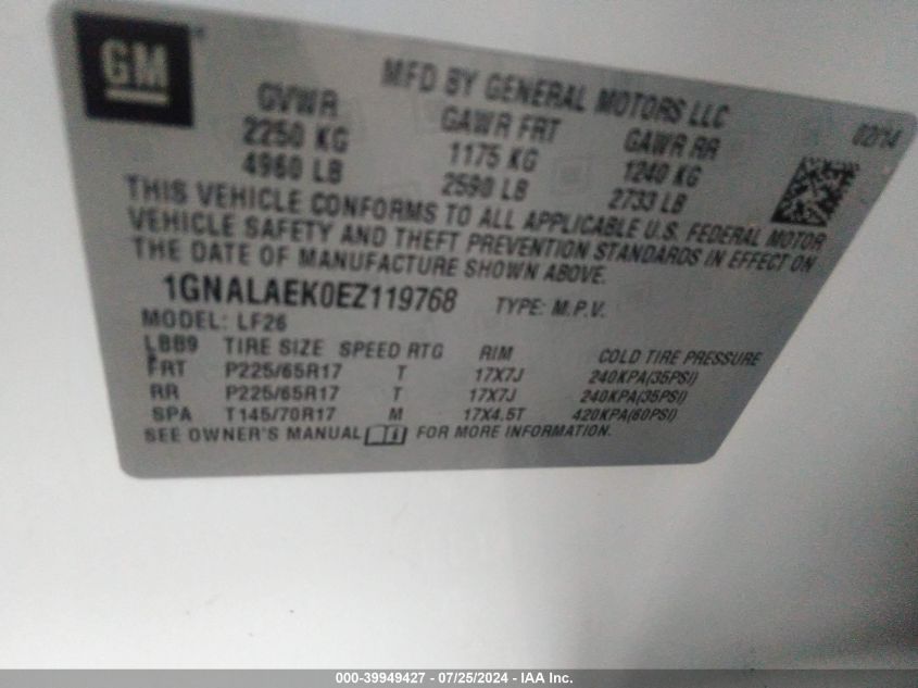 2014 Chevrolet Equinox Ls VIN: 1GNALAEK0EZ119768 Lot: 39949427