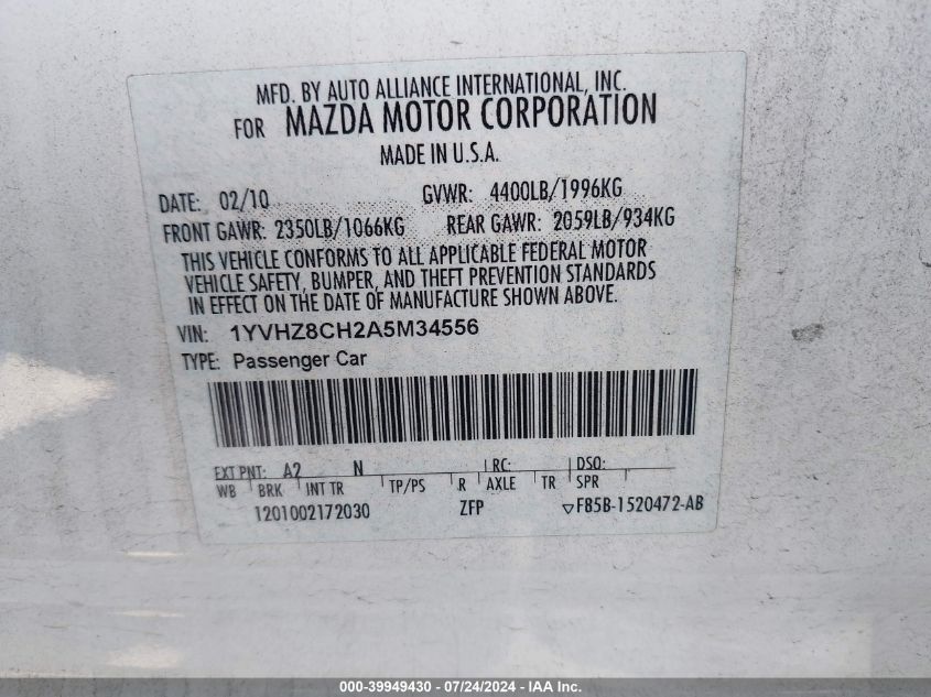 1YVHZ8CH2A5M34556 2010 Mazda Mazda6 I Touring Plus