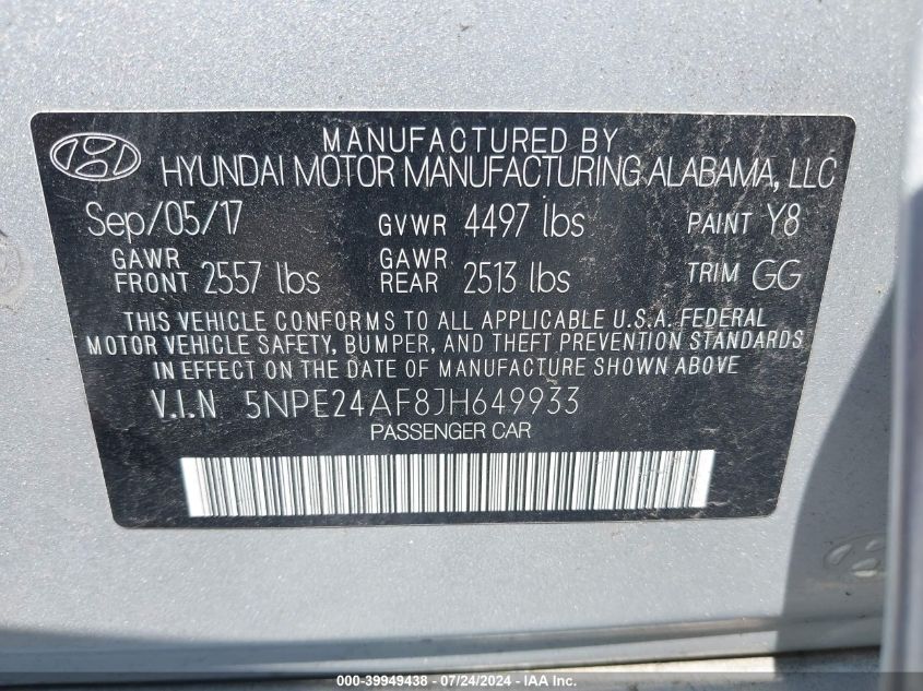 2018 Hyundai Sonata Se VIN: 5NPE24AF8JH649933 Lot: 39949438