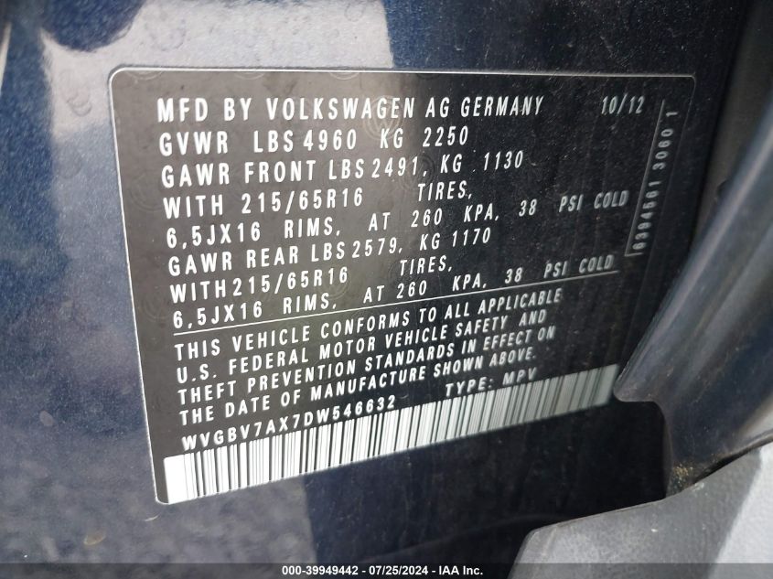 2013 Volkswagen Tiguan S VIN: WVGBV7AX7DW546632 Lot: 39949442