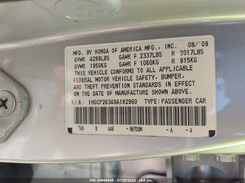 2009 Honda Accord 2.4 Lx VIN: 1HGCP26349A192960 Lot: 39949449