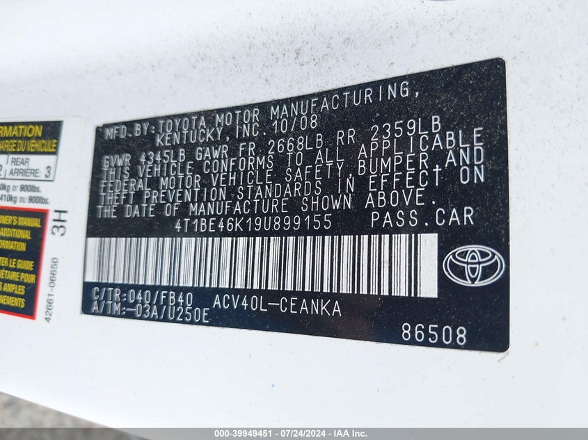 2009 Toyota Camry Le/Se/Xle VIN: 4T1BE46K19U899155 Lot: 39949451