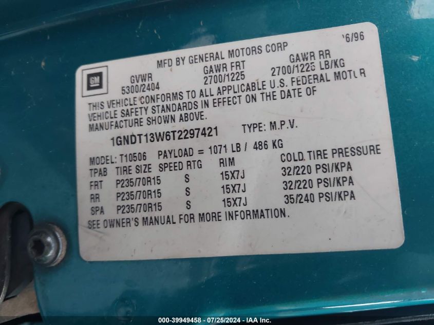 1996 Chevrolet Blazer VIN: 1GNDT13W6T2297421 Lot: 39949458