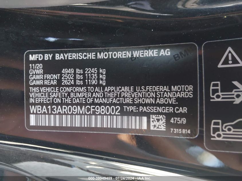 2021 BMW M440I xDrive VIN: WBA13AR09MCF98002 Lot: 39949459