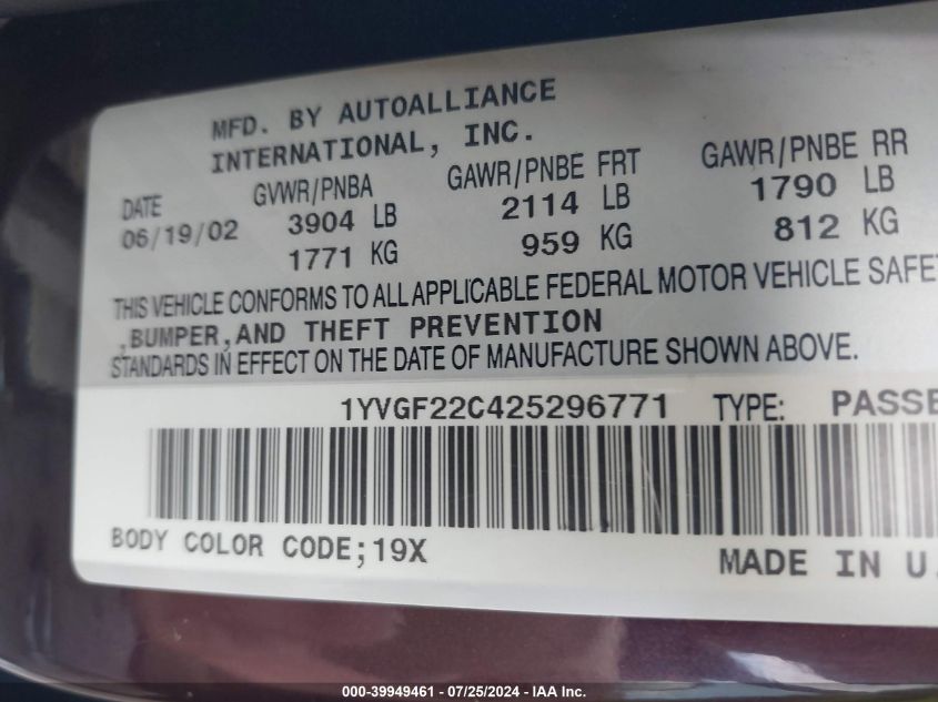 2002 Mazda 626 Lx VIN: 1YVGF22C425296771 Lot: 39949461