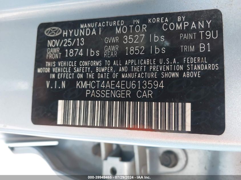 2014 Hyundai Accent Gls VIN: KMHCT4AE4EU613594 Lot: 39949465