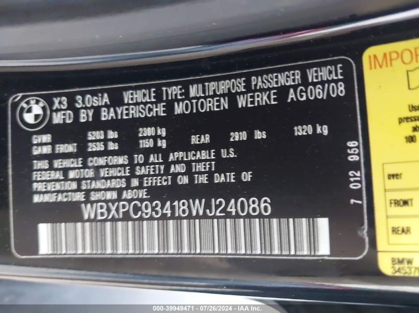 2008 BMW X3 3.0Si VIN: WBXPC93418WJ24086 Lot: 39949471