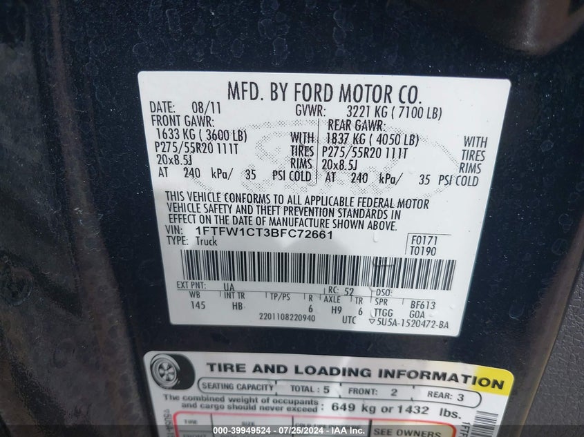 2011 Ford F-150 Lariat VIN: 1FTFW1CT3BFC72661 Lot: 39949524