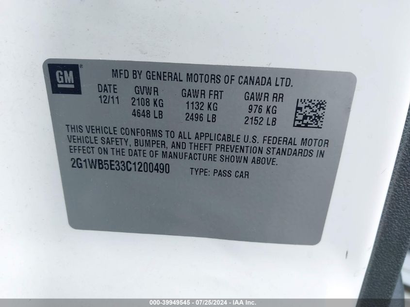 2012 Chevrolet Impala Lt VIN: 2G1WB5E33C1200490 Lot: 39949545