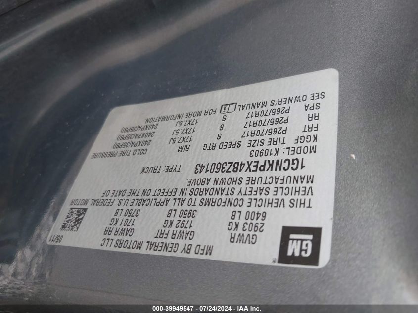 2011 Chevrolet Silverado 1500 Work Truck VIN: 1GCNKPEX4BZ360143 Lot: 39949547