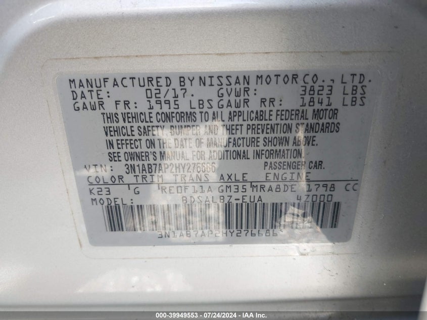 2017 Nissan Sentra S VIN: 3N1AB7AP2HY276686 Lot: 39949553