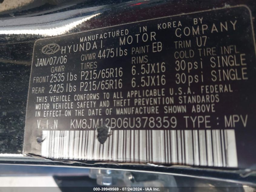 2006 Hyundai Tucson Gl VIN: KM8JM12B06U378359 Lot: 39949569