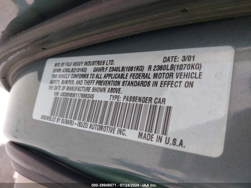 2001 Subaru Outback H6-3.0 VIN: 4S3BH806117666345 Lot: 39949571