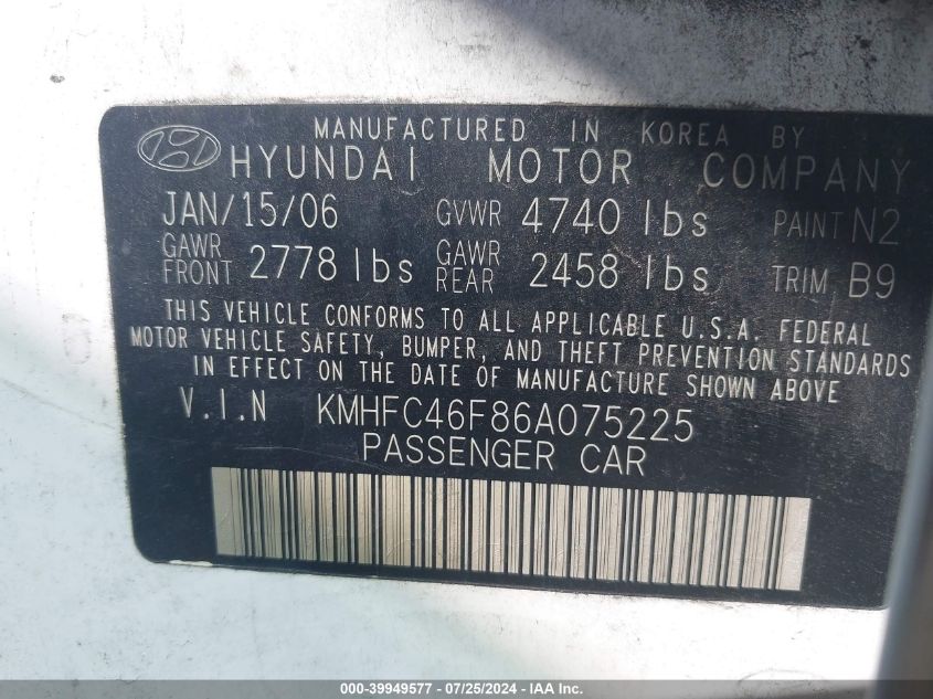 2006 Hyundai Azera Limited/Se VIN: KMHFC46F86A075225 Lot: 39949577