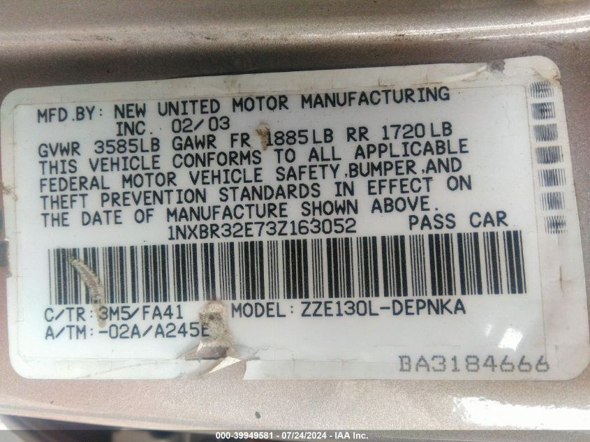 2003 Toyota Corolla Ce/Le/S VIN: 1NXBR32E73Z163052 Lot: 39949581