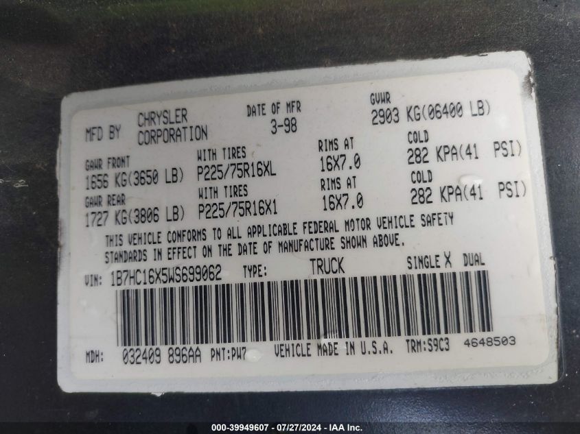 1998 Dodge Ram 1500 St/Ws VIN: 1B7HC16X5WS699062 Lot: 39949607