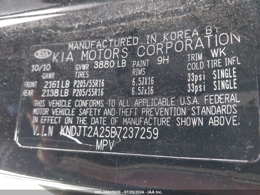 2011 Kia Soul + VIN: KNDJT2A25B7237259 Lot: 39949608