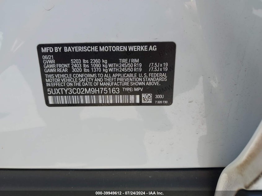 VIN 5UXTY3C02M9H75163 2021 BMW X3 SDRIVE30I