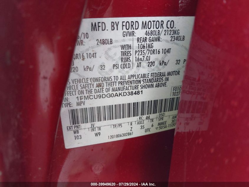 2010 Ford Escape Xlt VIN: 1FMCU9DG0AKD38481 Lot: 39949620