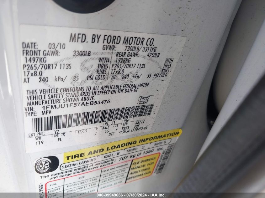 2010 Ford Expedition Xlt VIN: 1FMJU1F57AEB53475 Lot: 39949656