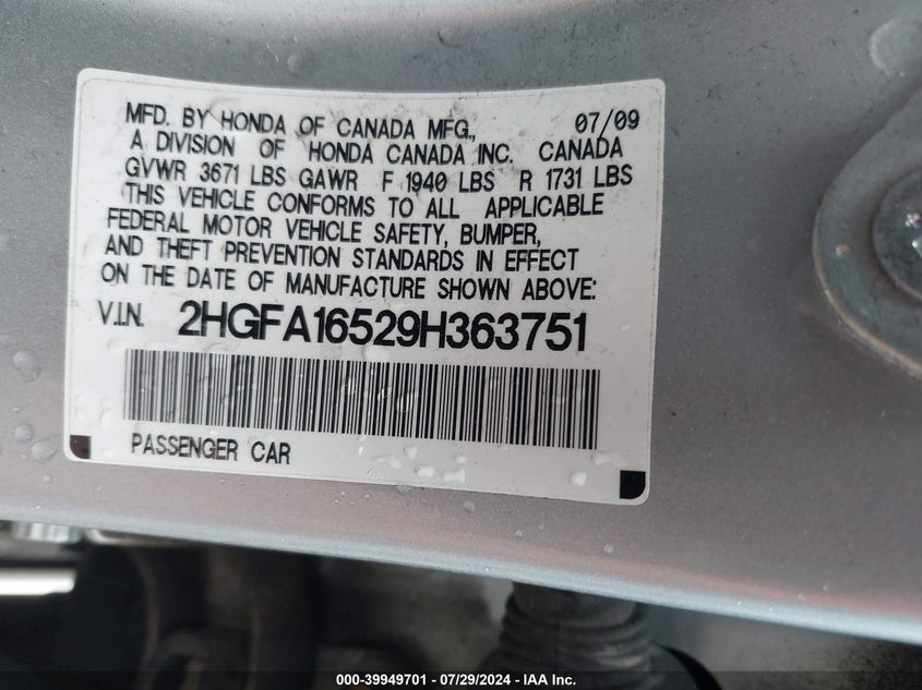 2009 Honda Civic Lx VIN: 2HGFA16529H363751 Lot: 39949701