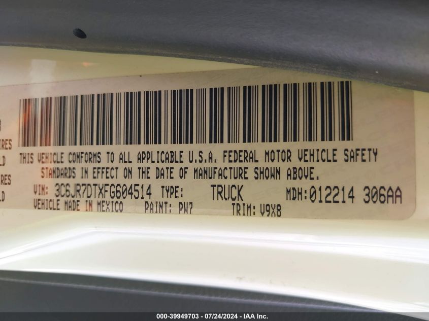 2015 Ram 1500 VIN: 3C6JR7DTXFG604514 Lot: 39949703