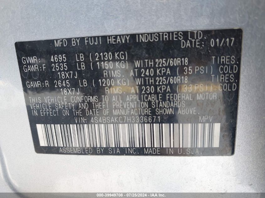 2017 Subaru Outback 2.5I Limited VIN: 4S4BSAKC7H3336671 Lot: 39949708
