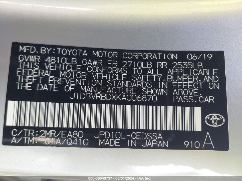 2019 Toyota Mirai VIN: JTDBVRBDXKA006870 Lot: 39949737