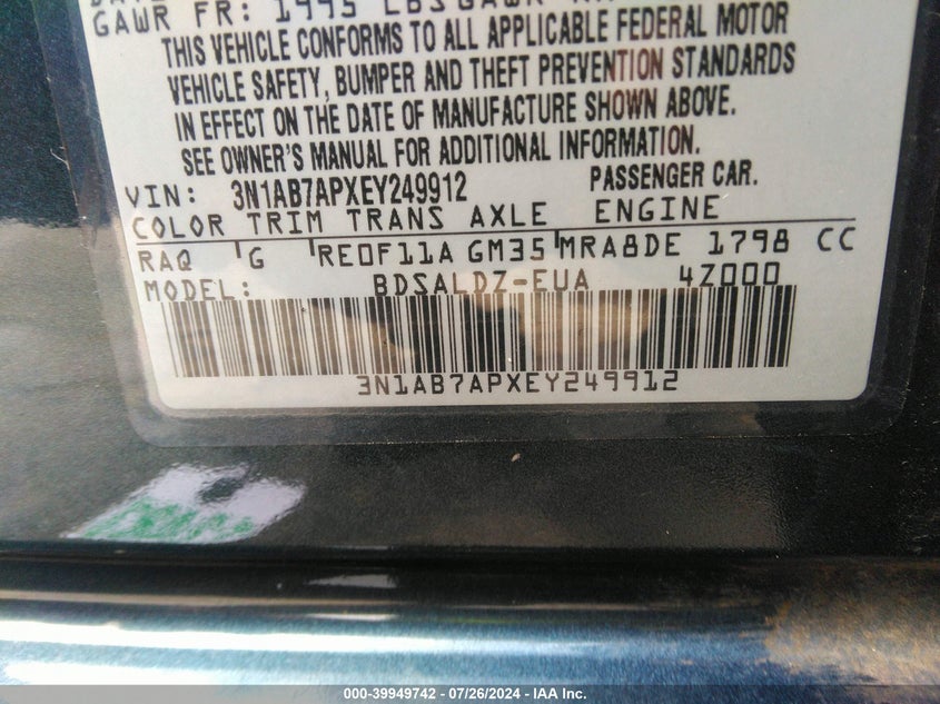 2014 Nissan Sentra Sv VIN: 3N1AB7APXEY249912 Lot: 39949742