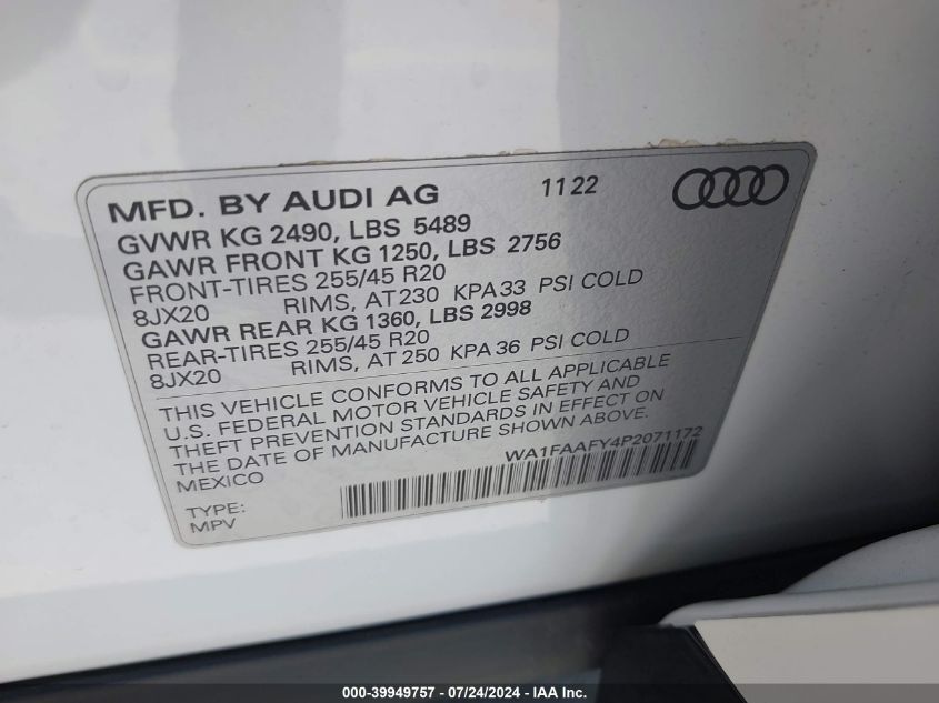 2023 Audi Q5 Prestige 45 Tfsi S Line Quattro S Tronic VIN: WA1FAAFY4P2071172 Lot: 39949757