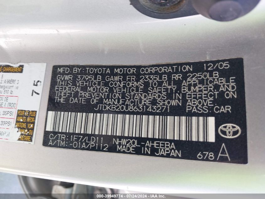 2006 Toyota Prius VIN: JTDKB20U863143271 Lot: 39949774