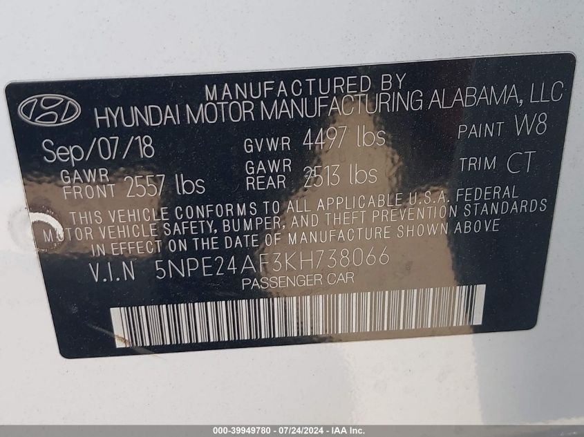 5NPE24AF3KH738066 2019 Hyundai Sonata Se