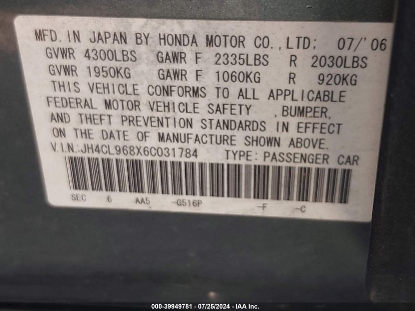 2006 Acura Tsx VIN: JH4CL968X6C031784 Lot: 39949781