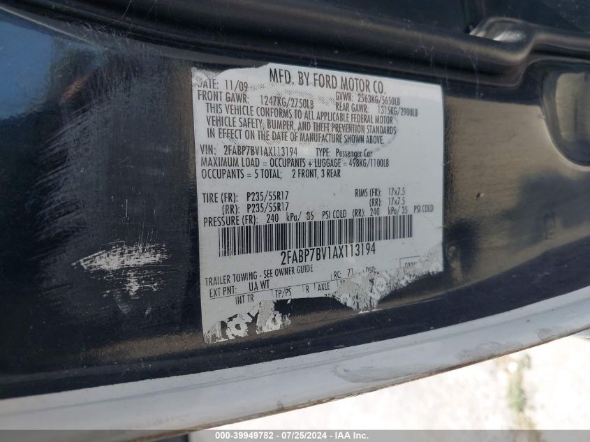 2010 Ford Crown Victoria Police/Police Interceptor VIN: 2FABP7BV1AX113194 Lot: 39949782