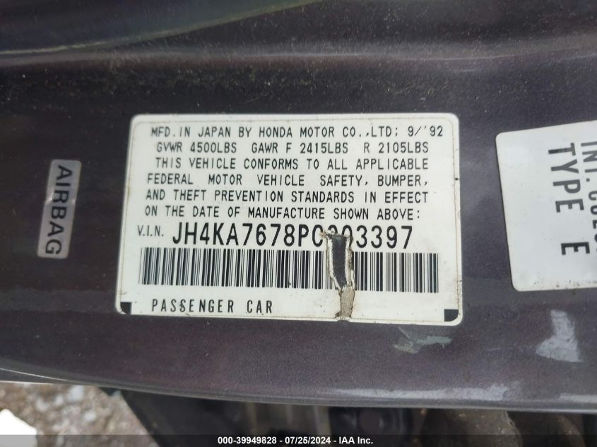 1993 Acura Legend Ls VIN: JH4KA7678PC003397 Lot: 39949828