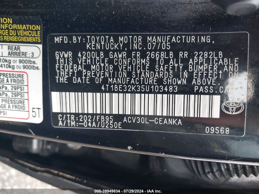 2005 Toyota Camry Std VIN: 4T1BE32K35U103483 Lot: 39949834